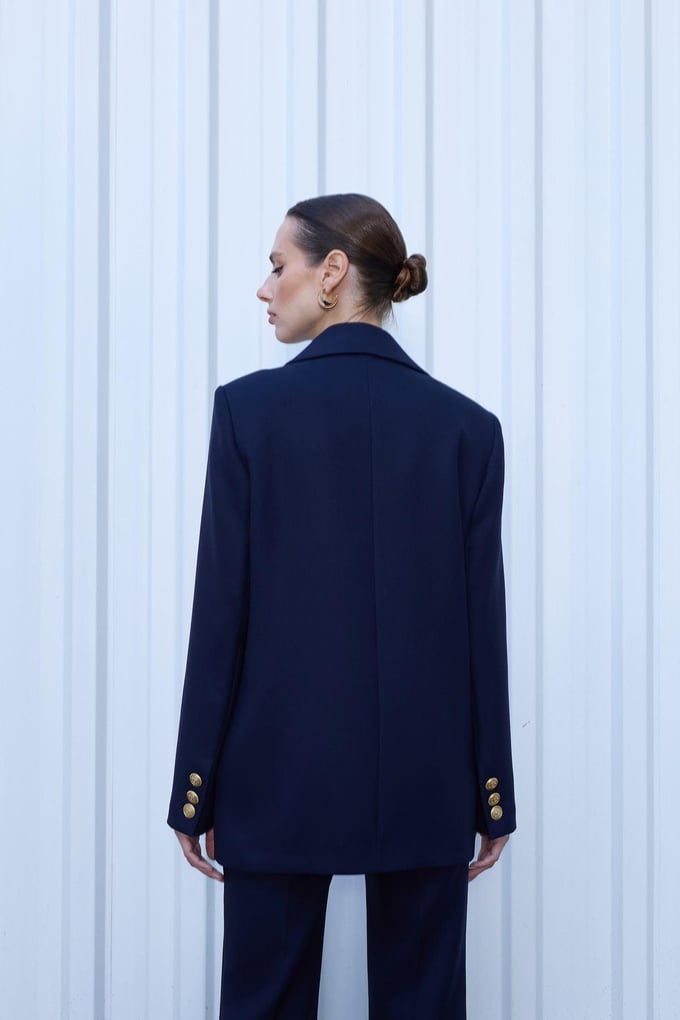 Gold Buttoned Midi Length Navy Blue Wool Coat