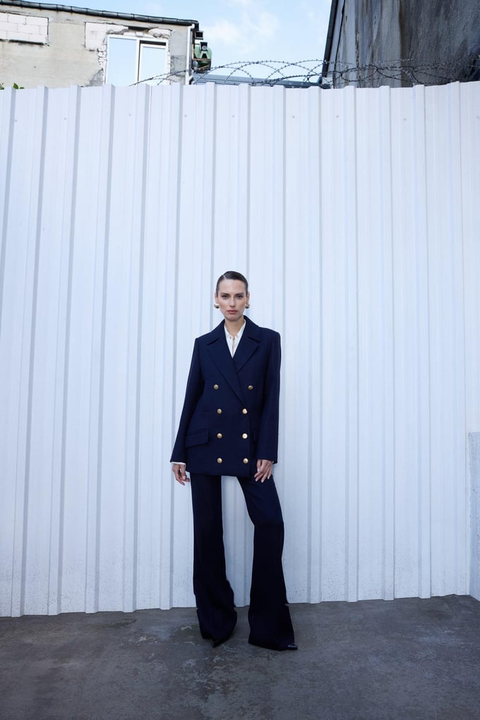 Gold Buttoned Midi Length Navy Blue Wool Coat