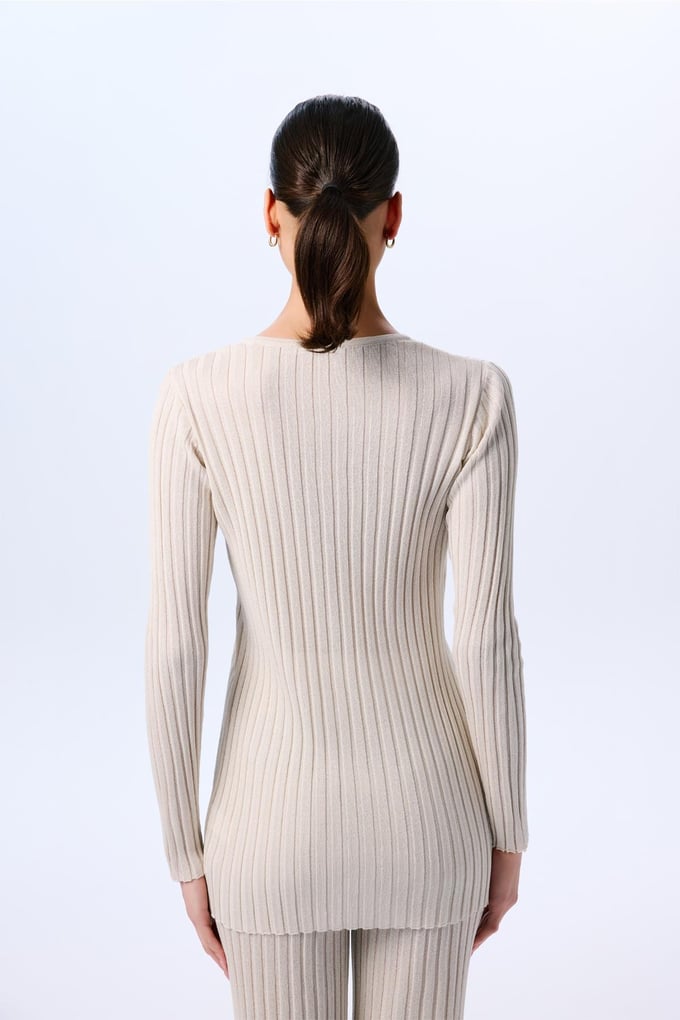 Gold Buttoned Glittery Long Sleeve Knit Cream Cardigan  