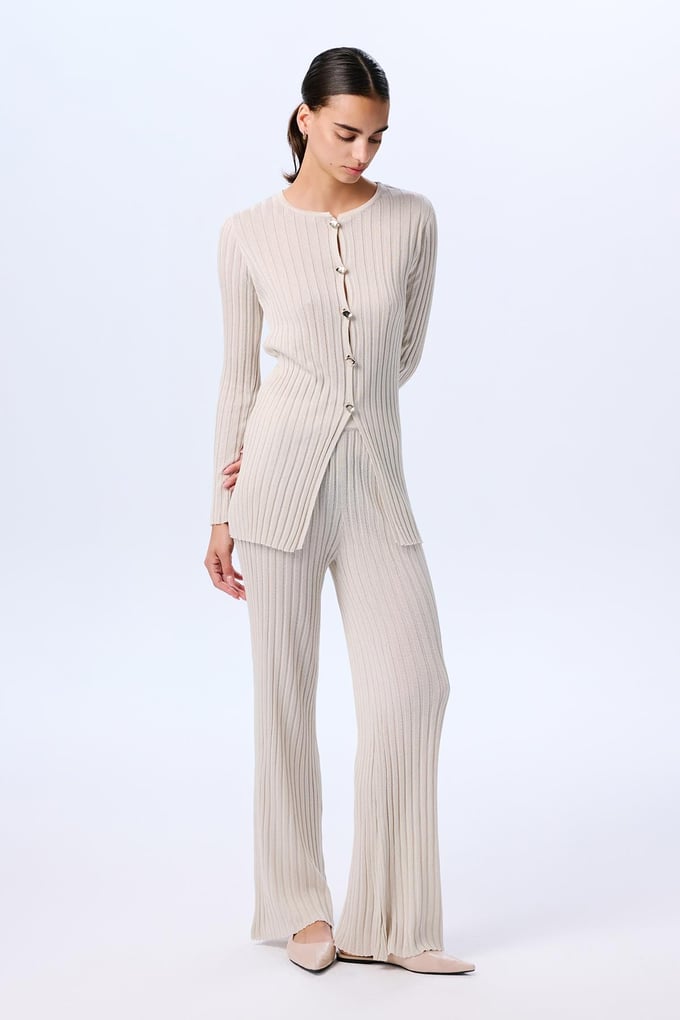 Gold Buttoned Glittery Long Sleeve Knit Cream Cardigan  