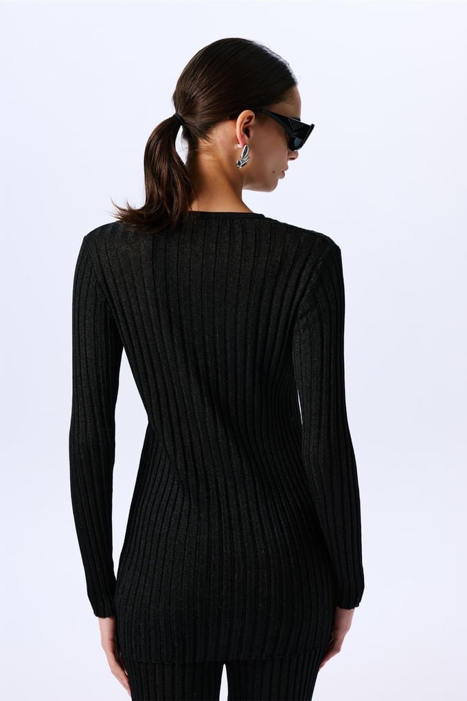 Gold Buttoned Glittery Long Sleeve Knit Black Cardigan  