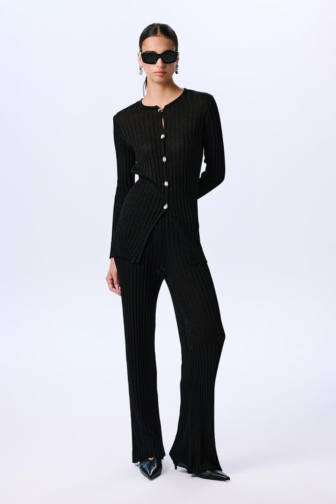 Gold Buttoned Glittery Long Sleeve Knit Black Cardigan  