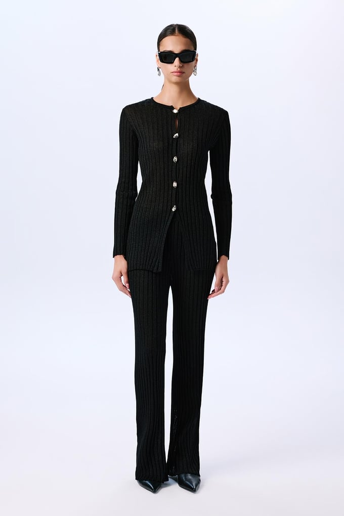 Gold Buttoned Glittery Long Sleeve Knit Black Cardigan  