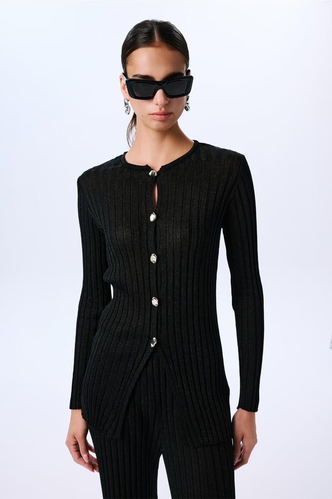 Gold Buttoned Glittery Long Sleeve Knit Black Cardigan  