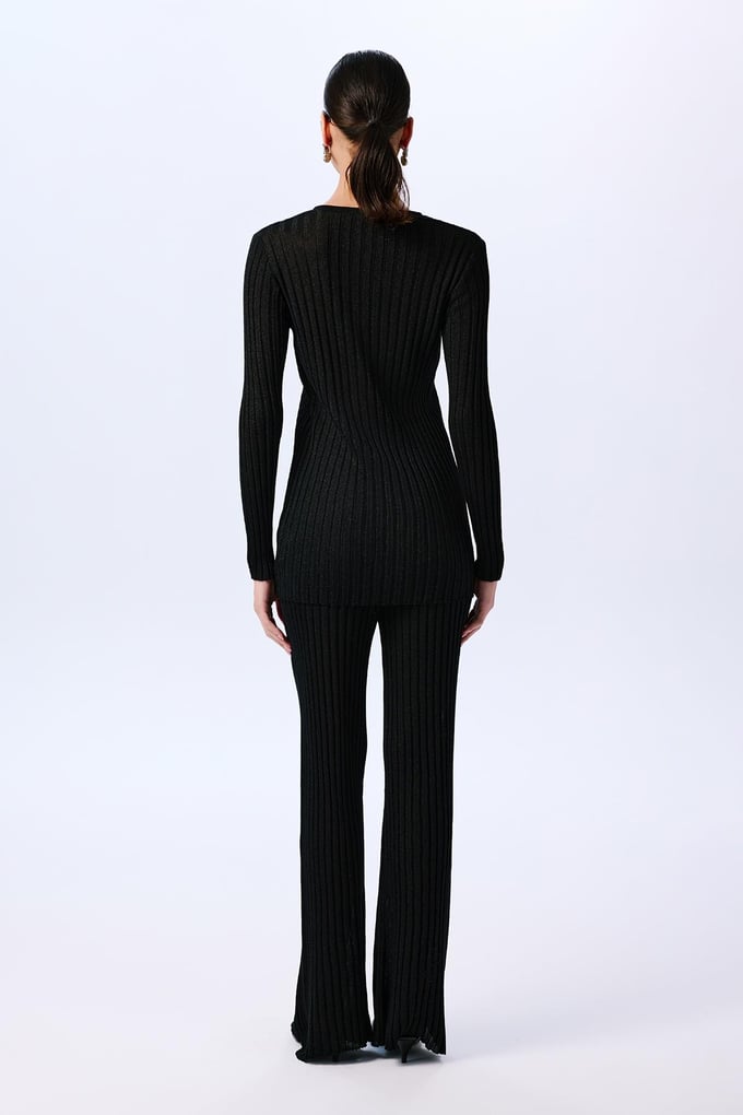 Gold Buttoned Glittery Long Sleeve Knit Black Cardigan  