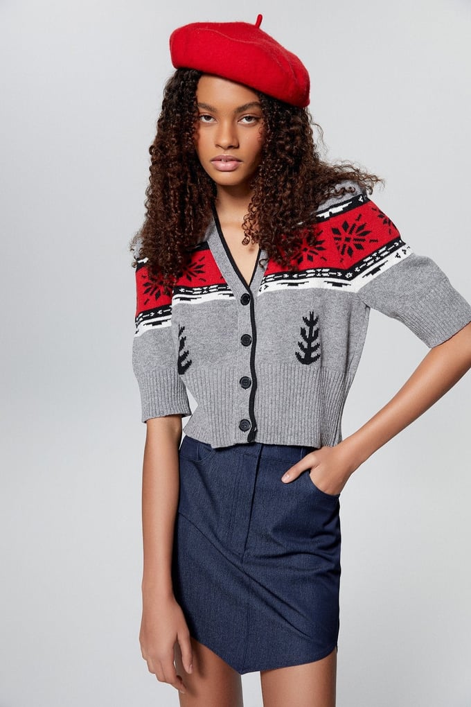 Gri Kısa Kollu Desenli Crop Hırka