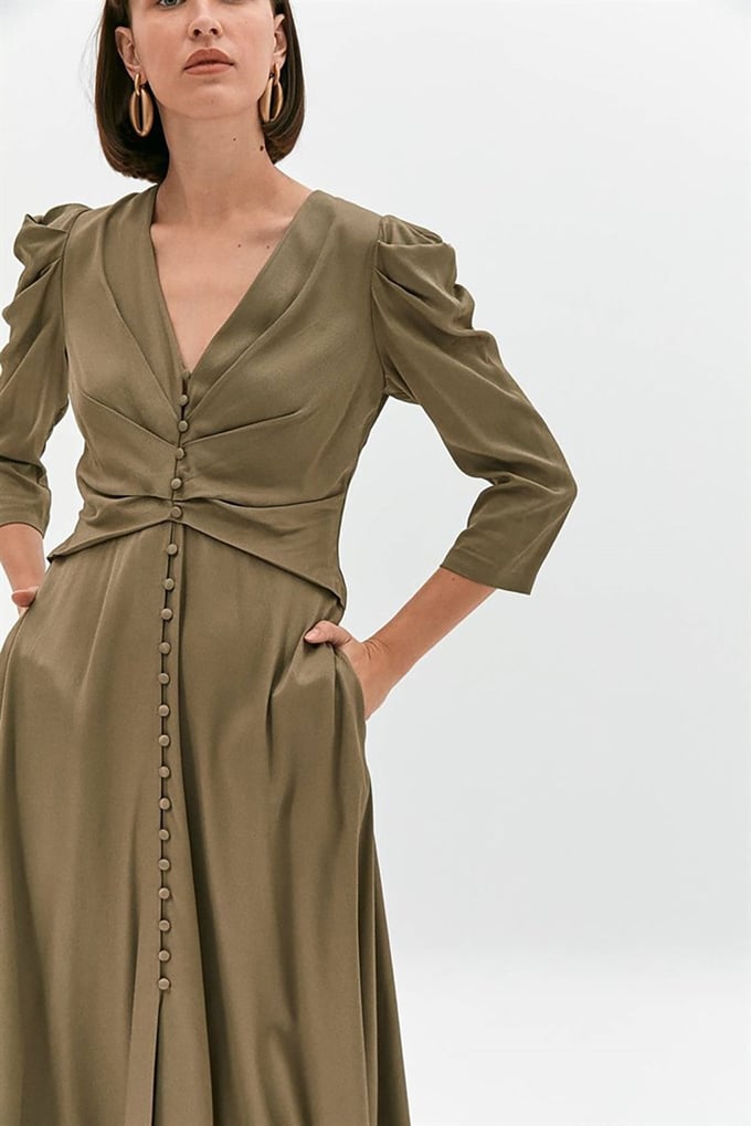 Haki Düğmeli Midi Elbise