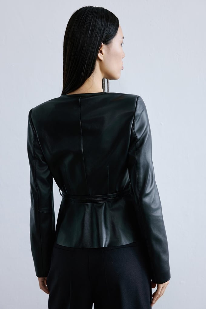 Genuine Leather Crew Neck Black Jacket