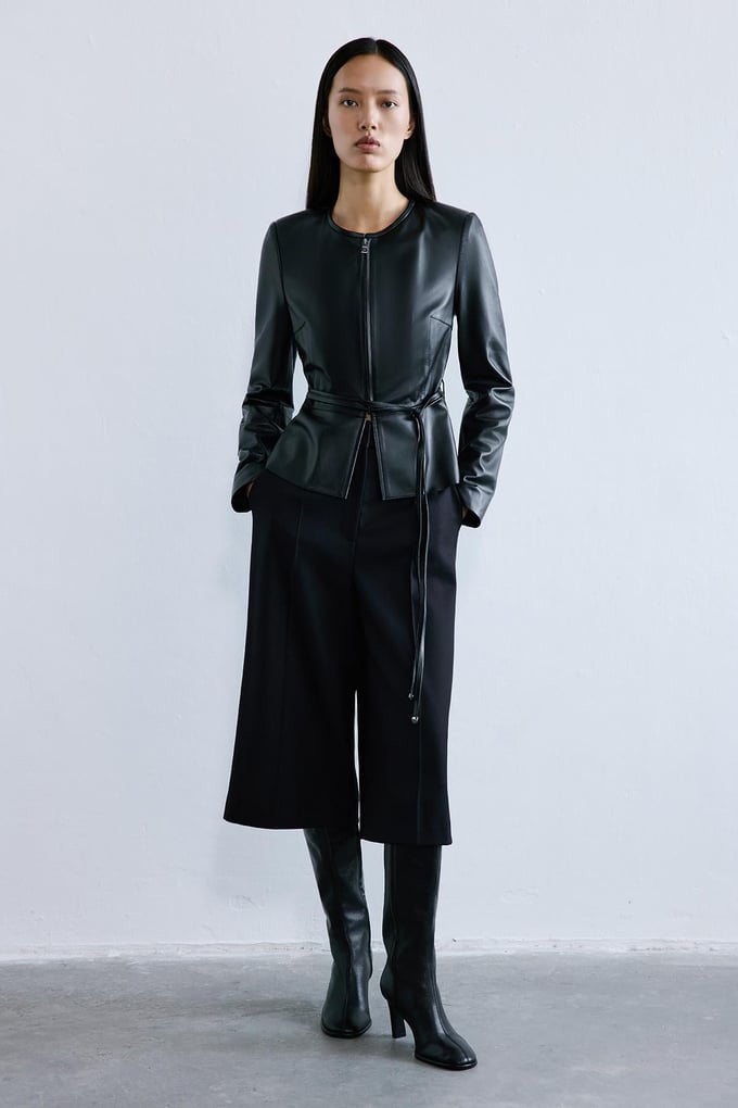 Genuine Leather Crew Neck Black Jacket