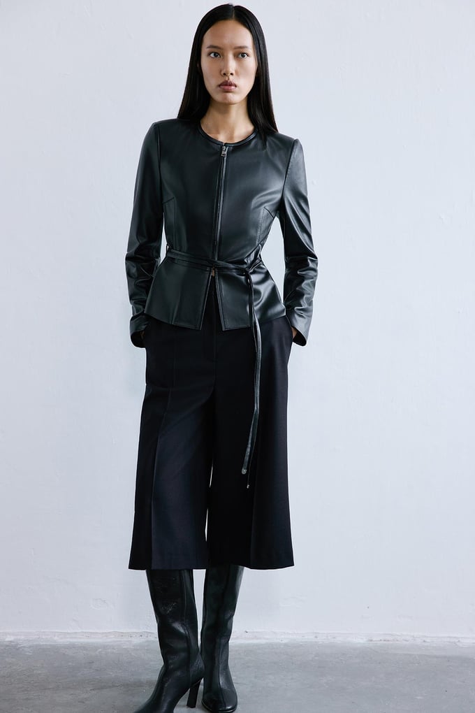 Genuine Leather Crew Neck Black Jacket