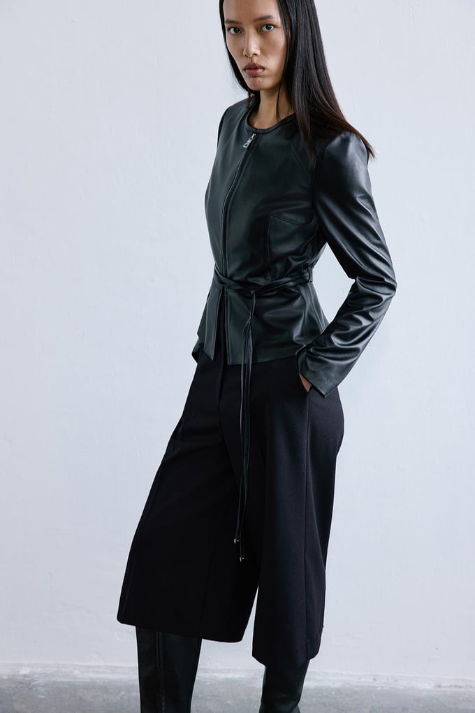 Genuine Leather Crew Neck Black Jacket