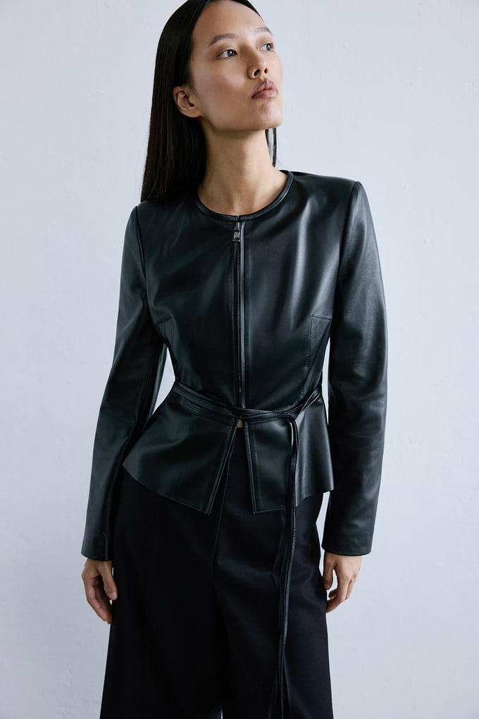 Genuine Leather Crew Neck Black Jacket