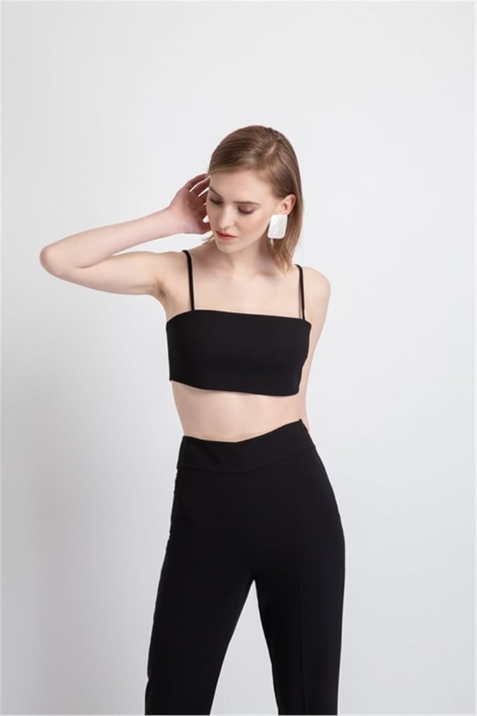 İnce Askılı Crop Büstiyer Siyah