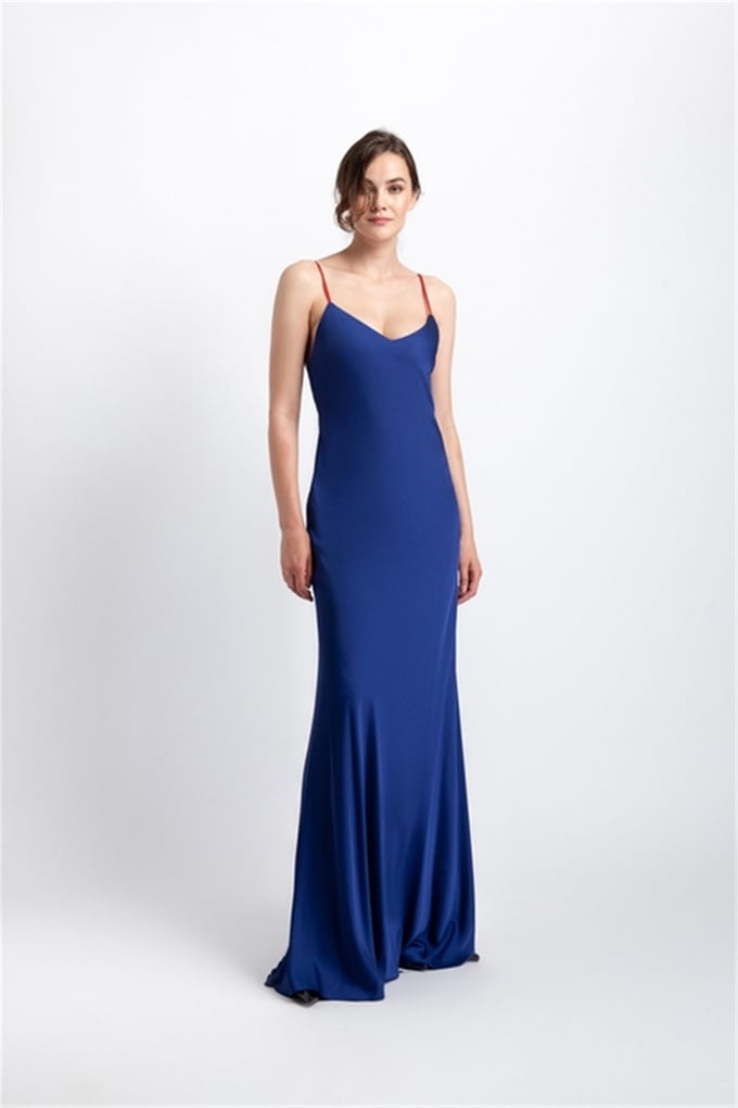 RUE BY HAKAN ÖZTÜRK ELEGANT THIN STRAPPED MAXI DRESS WITH SHOULDER DECOLLETE DARKBLUE