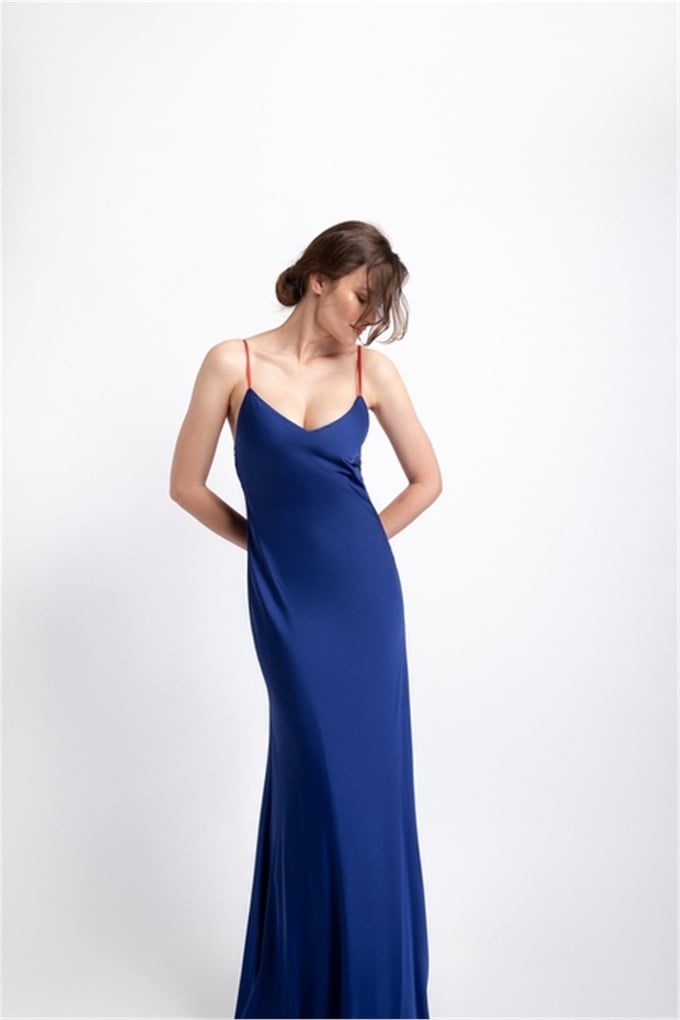 RUE BY HAKAN ÖZTÜRK ELEGANT THIN STRAPPED MAXI DRESS WITH SHOULDER DECOLLETE DARKBLUE