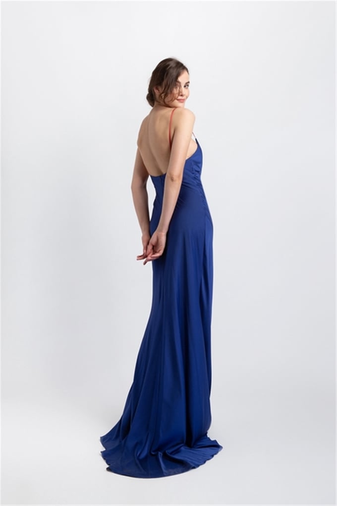 RUE BY HAKAN ÖZTÜRK ELEGANT THIN STRAPPED MAXI DRESS WITH SHOULDER DECOLLETE DARKBLUE