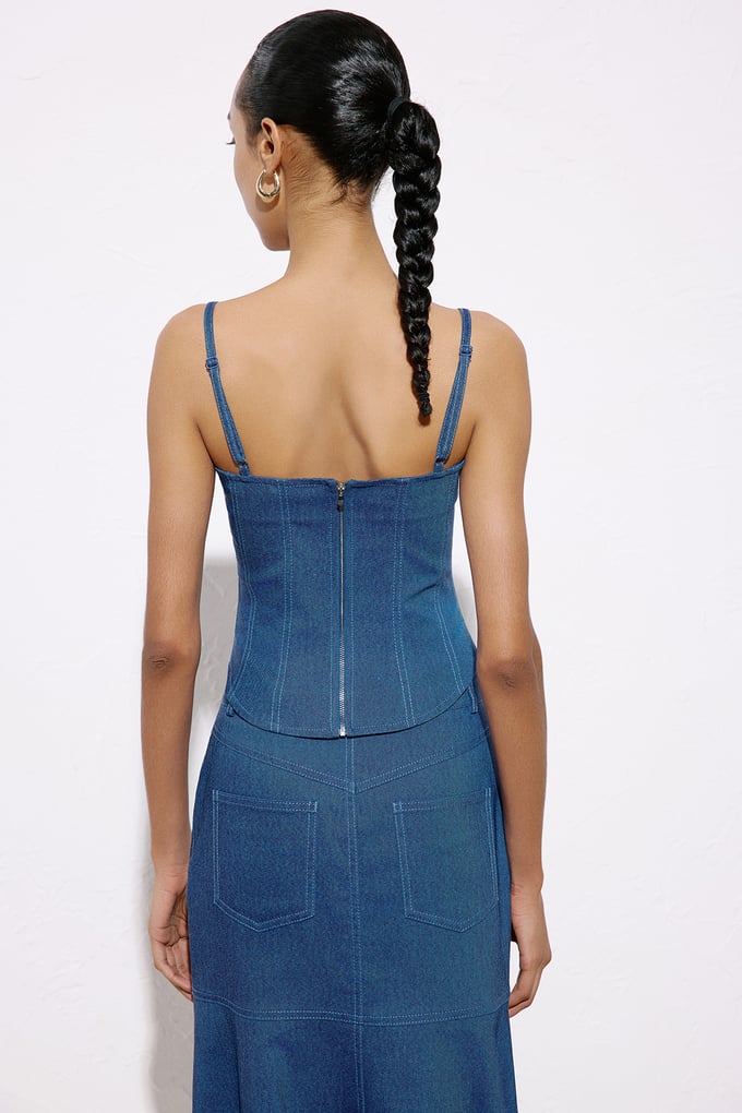 İnce Askılı Denim Dokulu Mavi Bluz