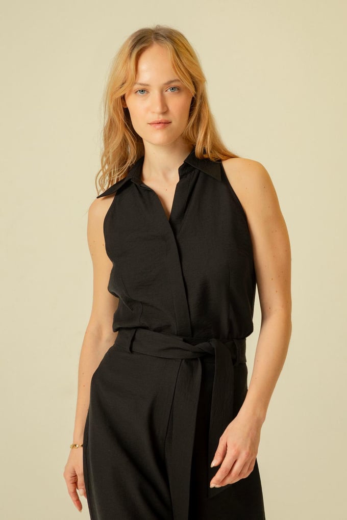 İnce Askılı Rahat Form Siyah Crop Top