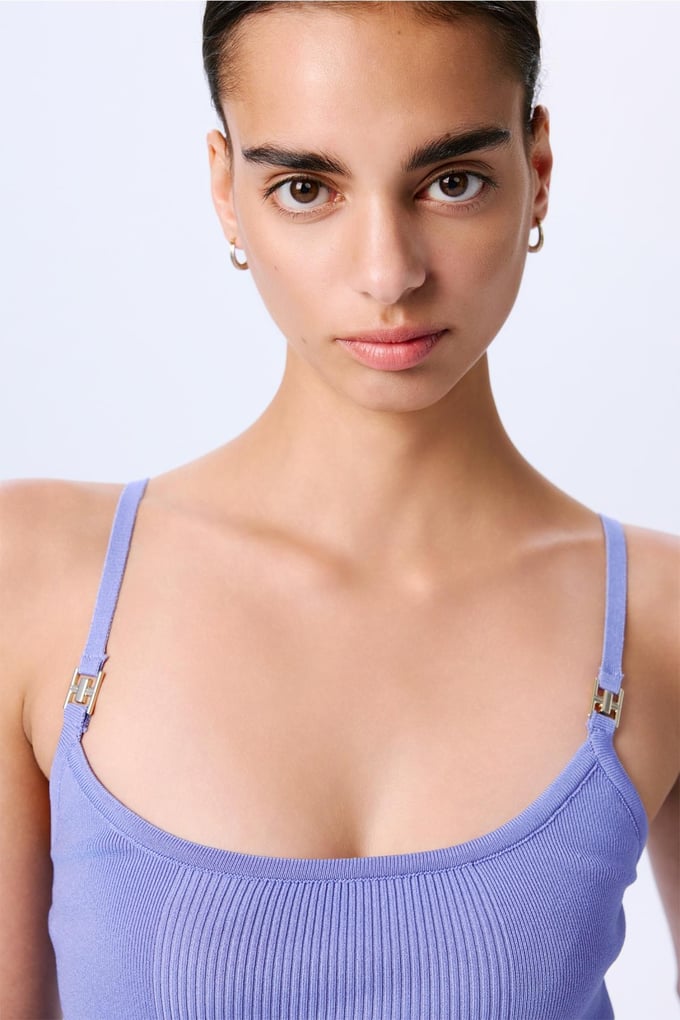 İnce Askılı Şeritli Crop Triko İndigo Bluz