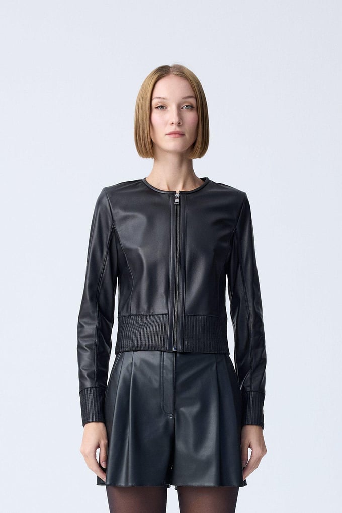Thin Stripe Detail Genuine Black Leather Jacket