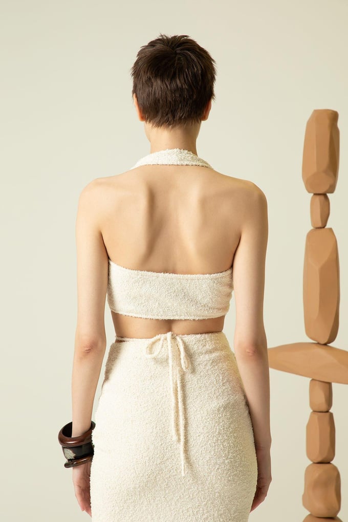 İp Detaylı Triko Ekru Crop Top