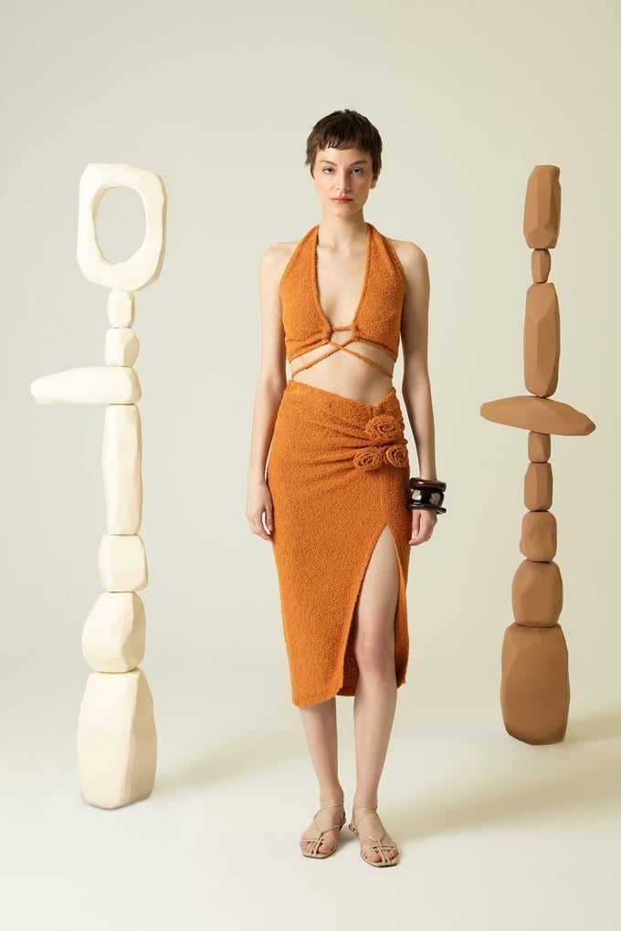 İp Detaylı Triko Turuncu Crop Top
