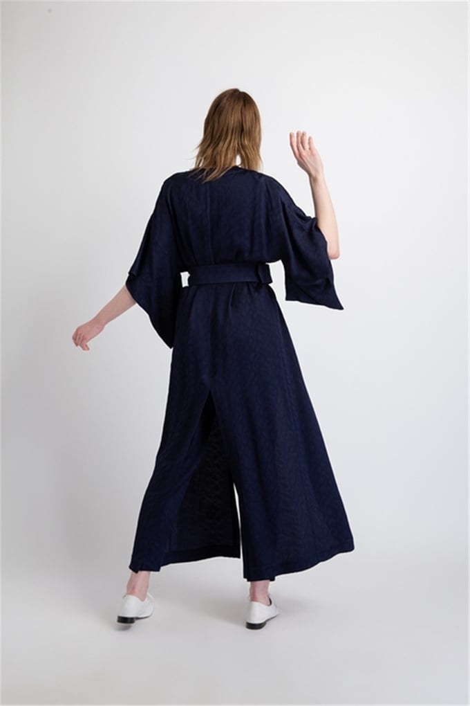 Jakarlı, Kemer Detaylı Kimono Lacivert