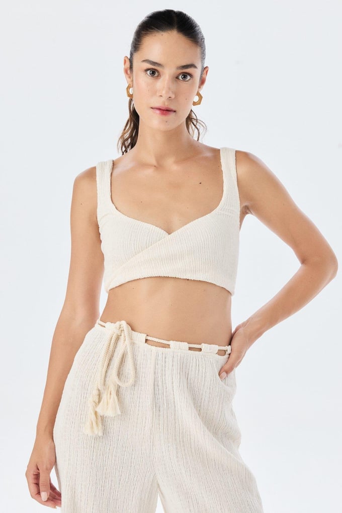 Kalın Askılı Kare Yaka Ekru Crop Top