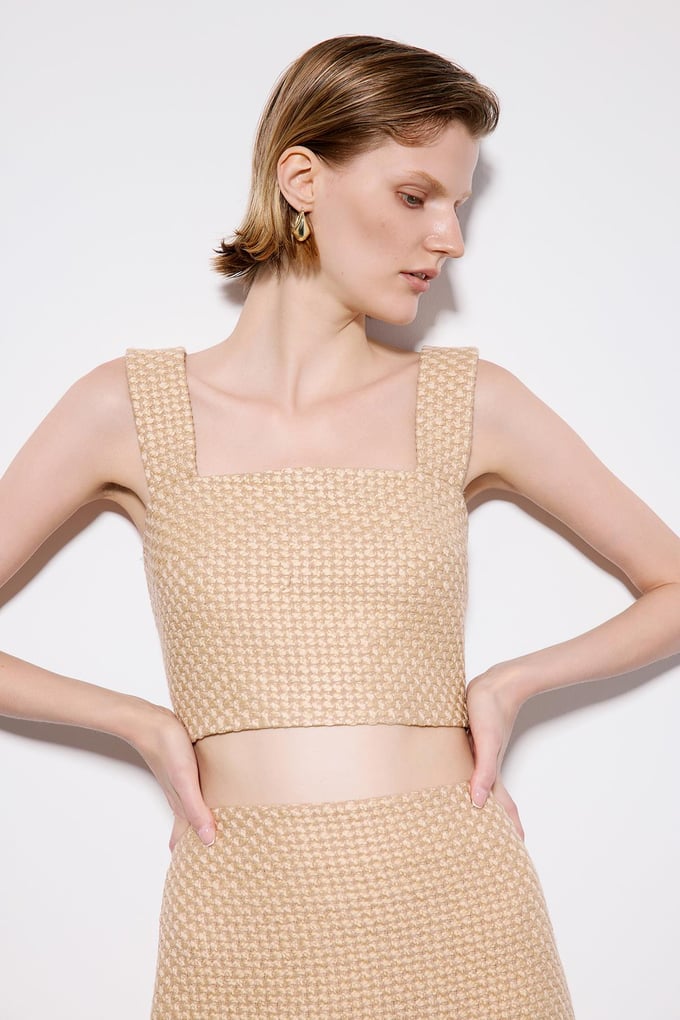 Camel Tweed Square Neck Crop Bustier