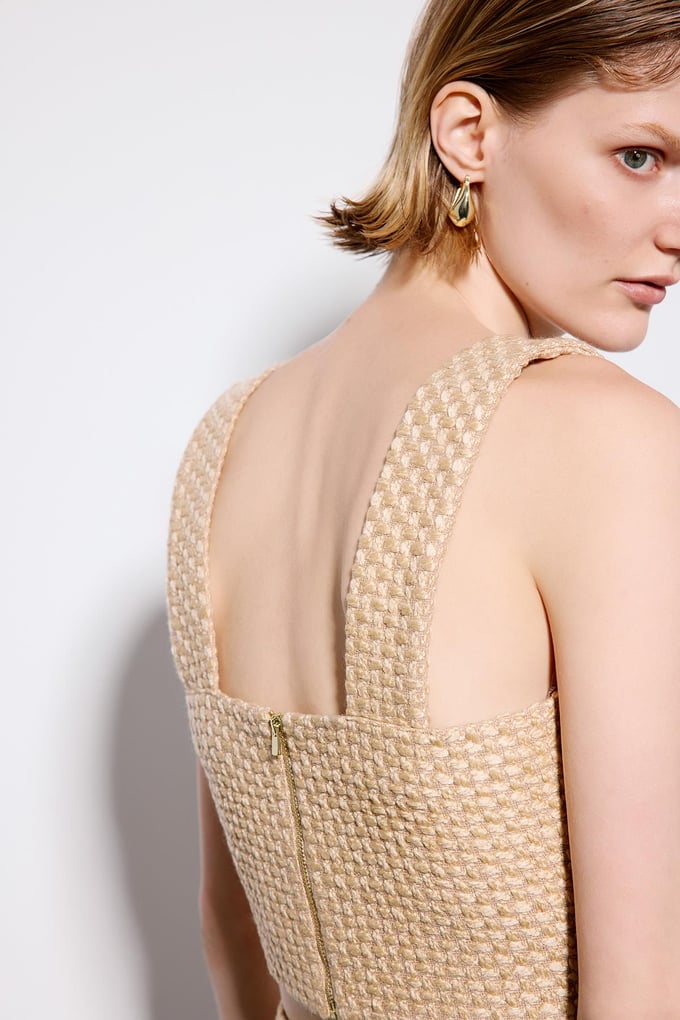 Camel Tweed Square Neck Crop Bustier