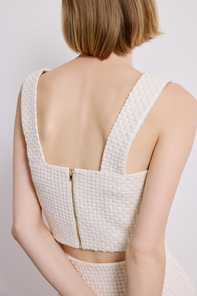 Ecru Tweed Square Neck Crop Bustier