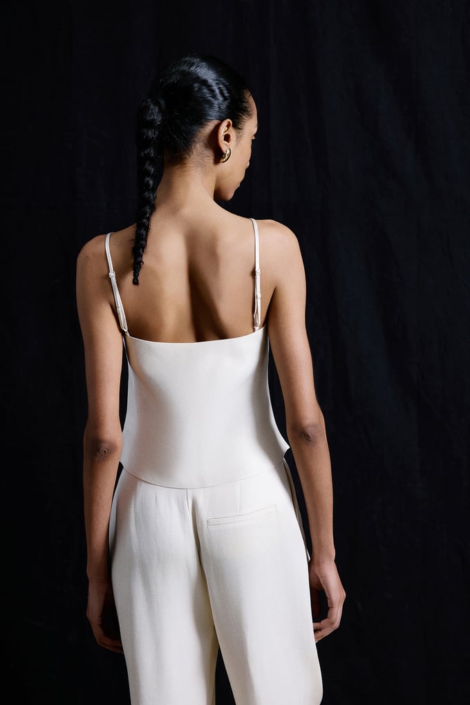 Square Neck Thin Strap Ecru Blouse