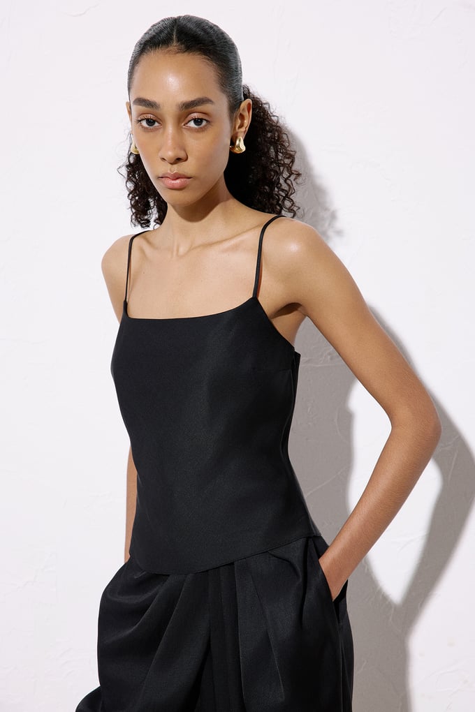Square Neck Thin Strap Black Blouse