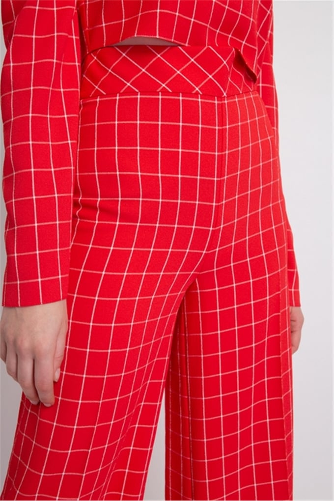 Kareli Bol Paça Pantolon Mercan