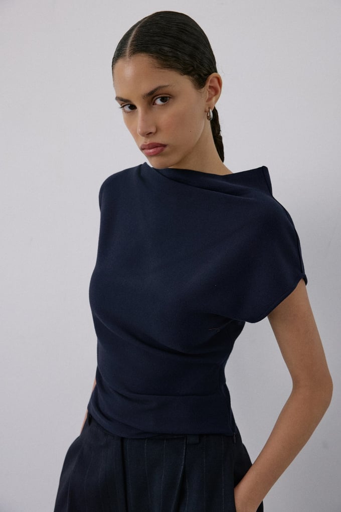 Boat Neck Short Sleeve Navy Blouse
