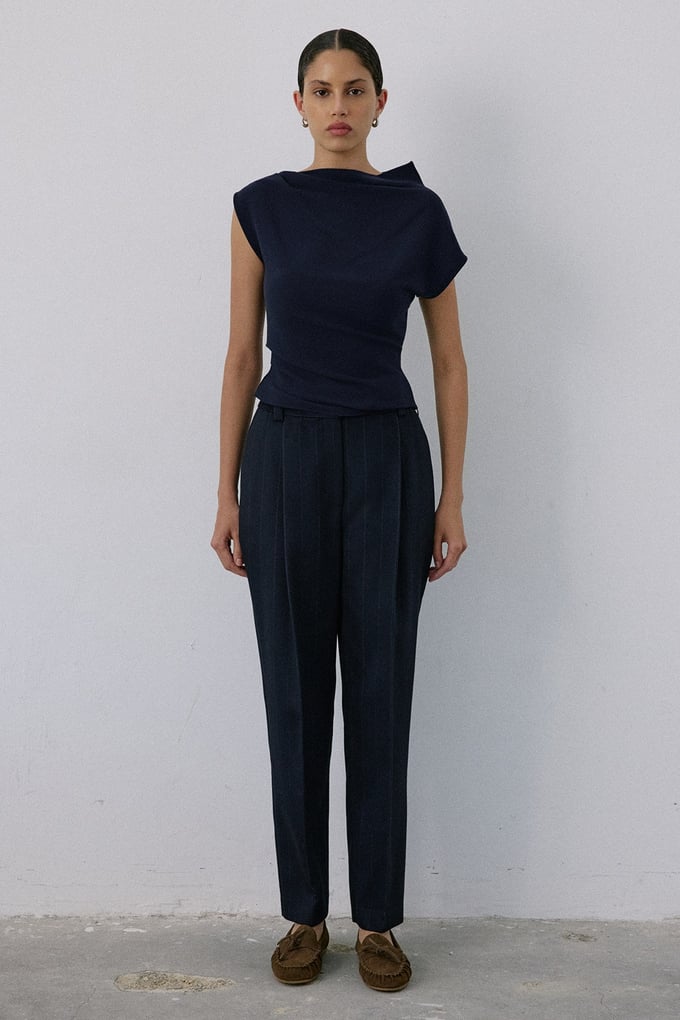 Boat Neck Short Sleeve Navy Blouse