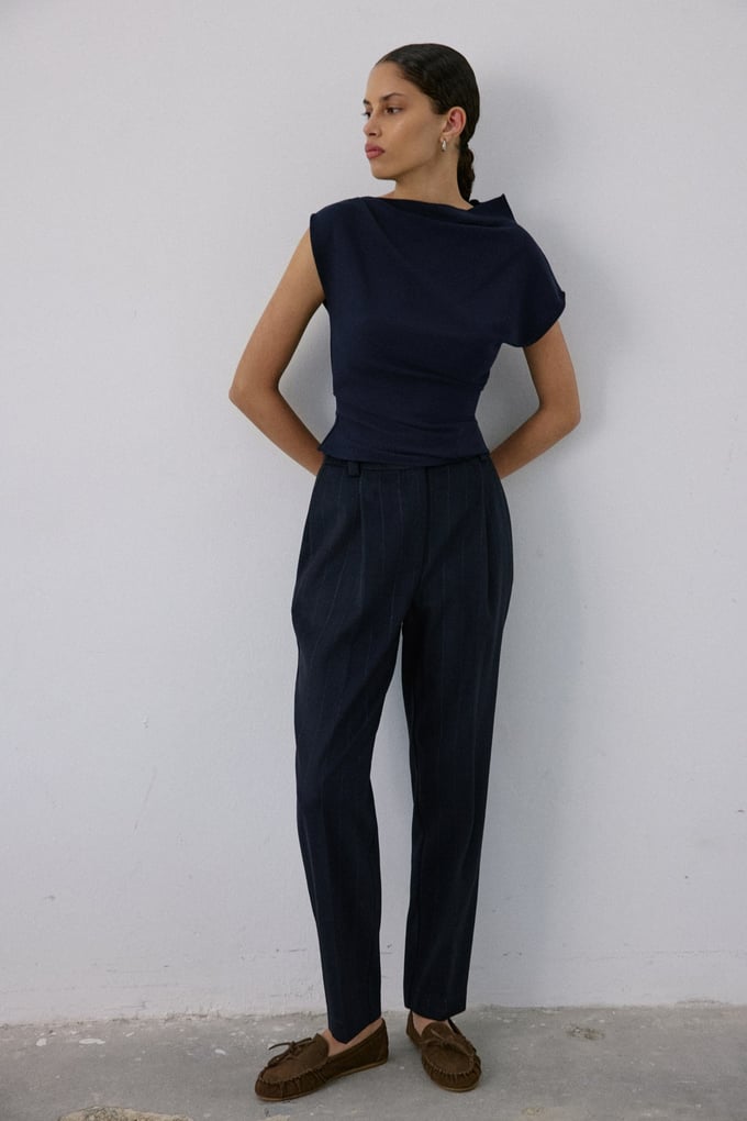 Boat Neck Short Sleeve Navy Blouse