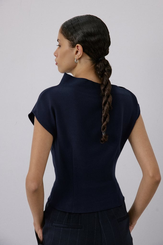 Boat Neck Short Sleeve Navy Blouse