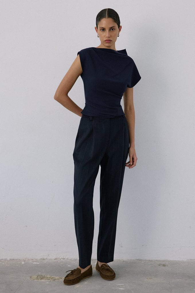 Boat Neck Short Sleeve Navy Blouse