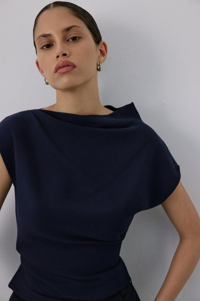 Boat Neck Short Sleeve Navy Blouse