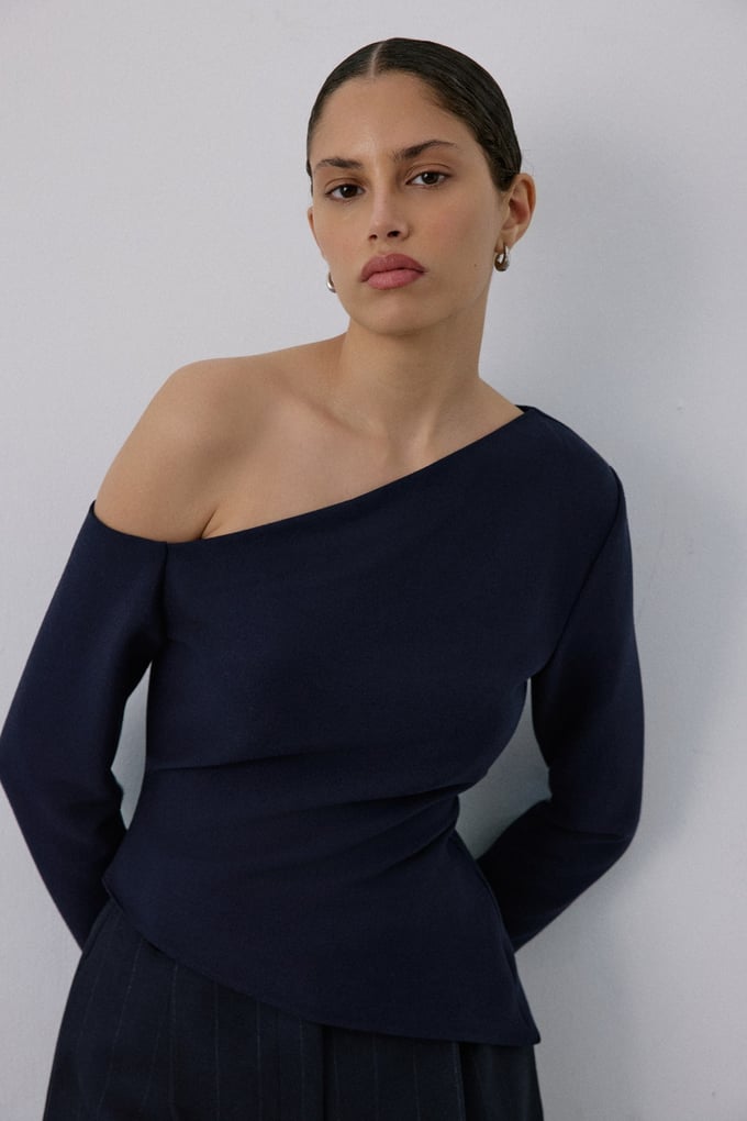 Boat Neck Long Sleeve Navy Blouse