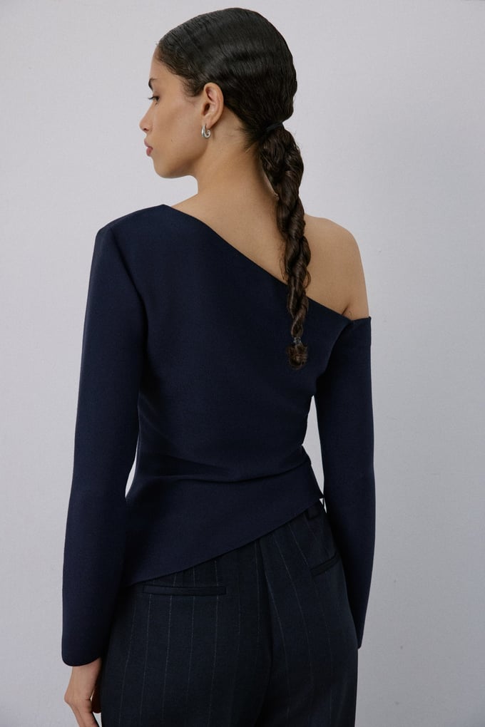 Boat Neck Long Sleeve Navy Blouse