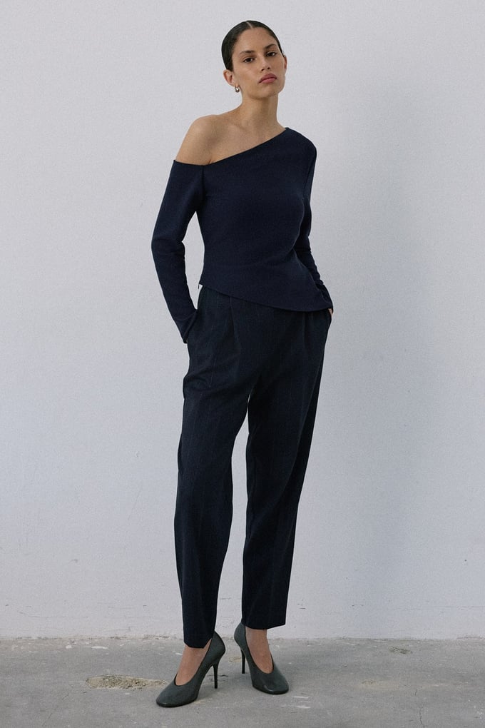 Boat Neck Long Sleeve Navy Blouse