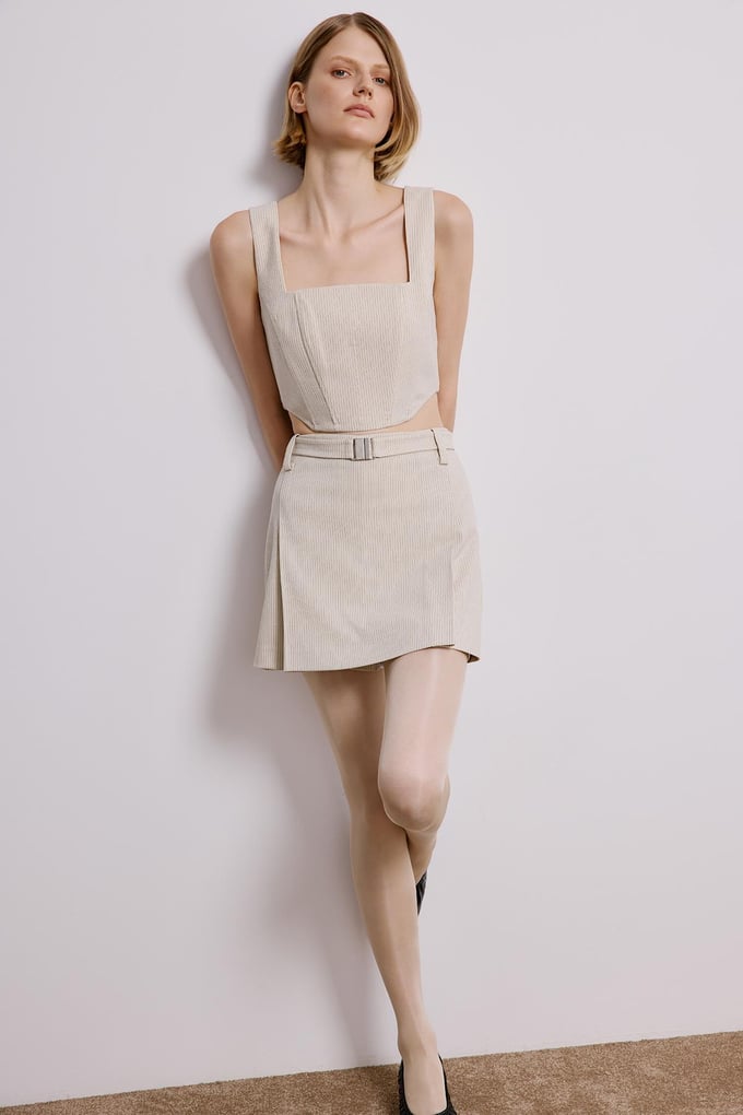 Ecru Striped Skort With Belt Detail