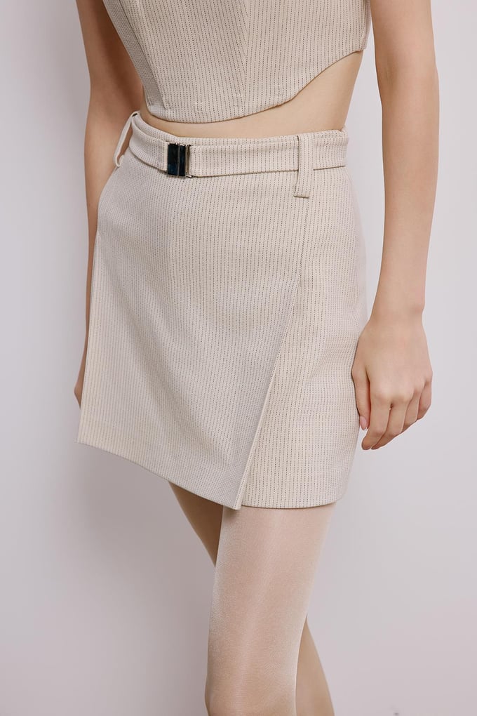 Ecru Striped Skort With Belt Detail