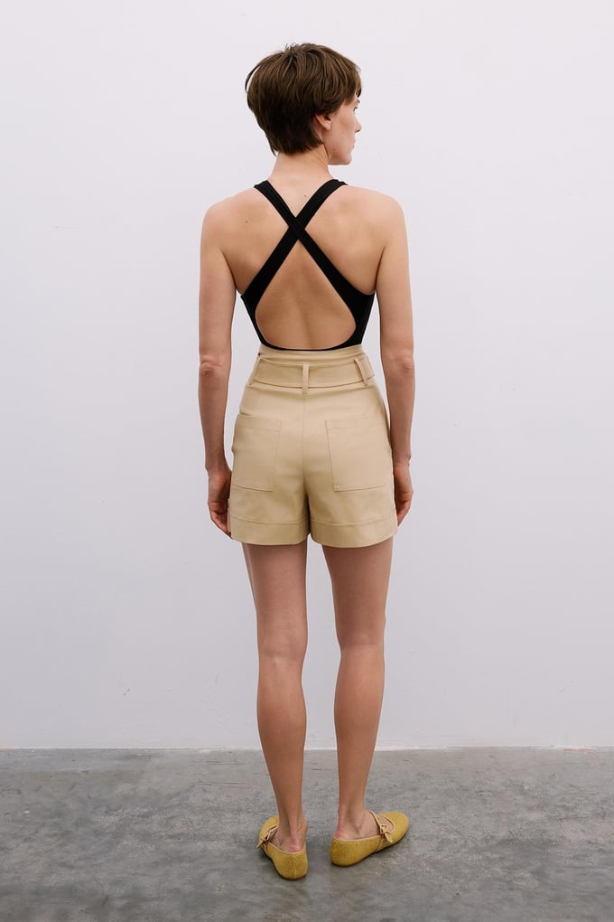 Belt Buckle Detail Beige Shorts
