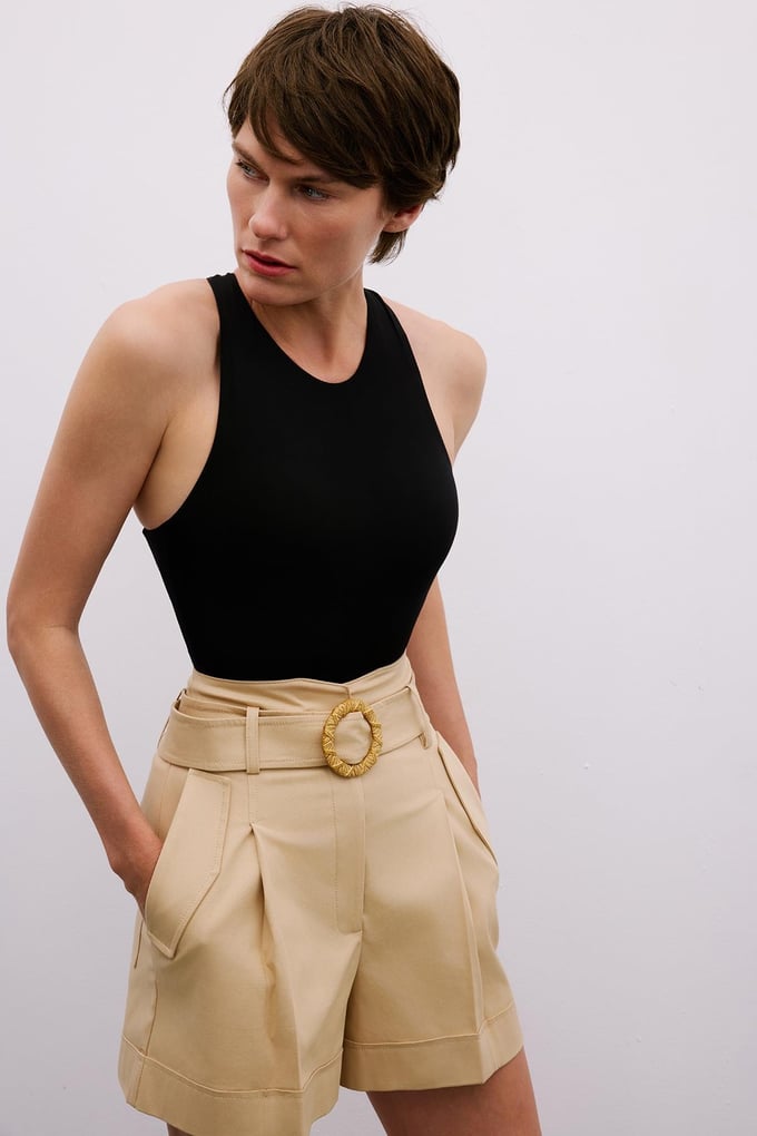 Belt Buckle Detail Beige Shorts