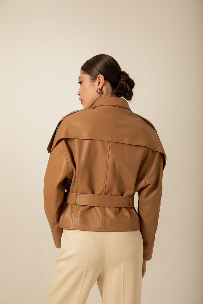 Belted Biker Camel Leather Jacket
