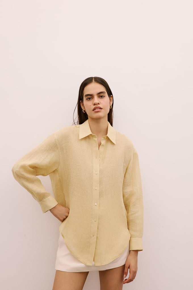 Textured Linen Buttoned Beige Shirt