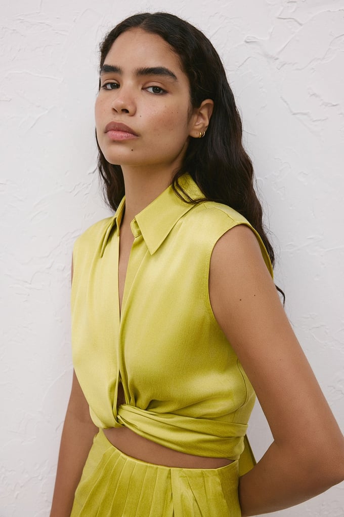 Linen Blend Front Tie Green Vest